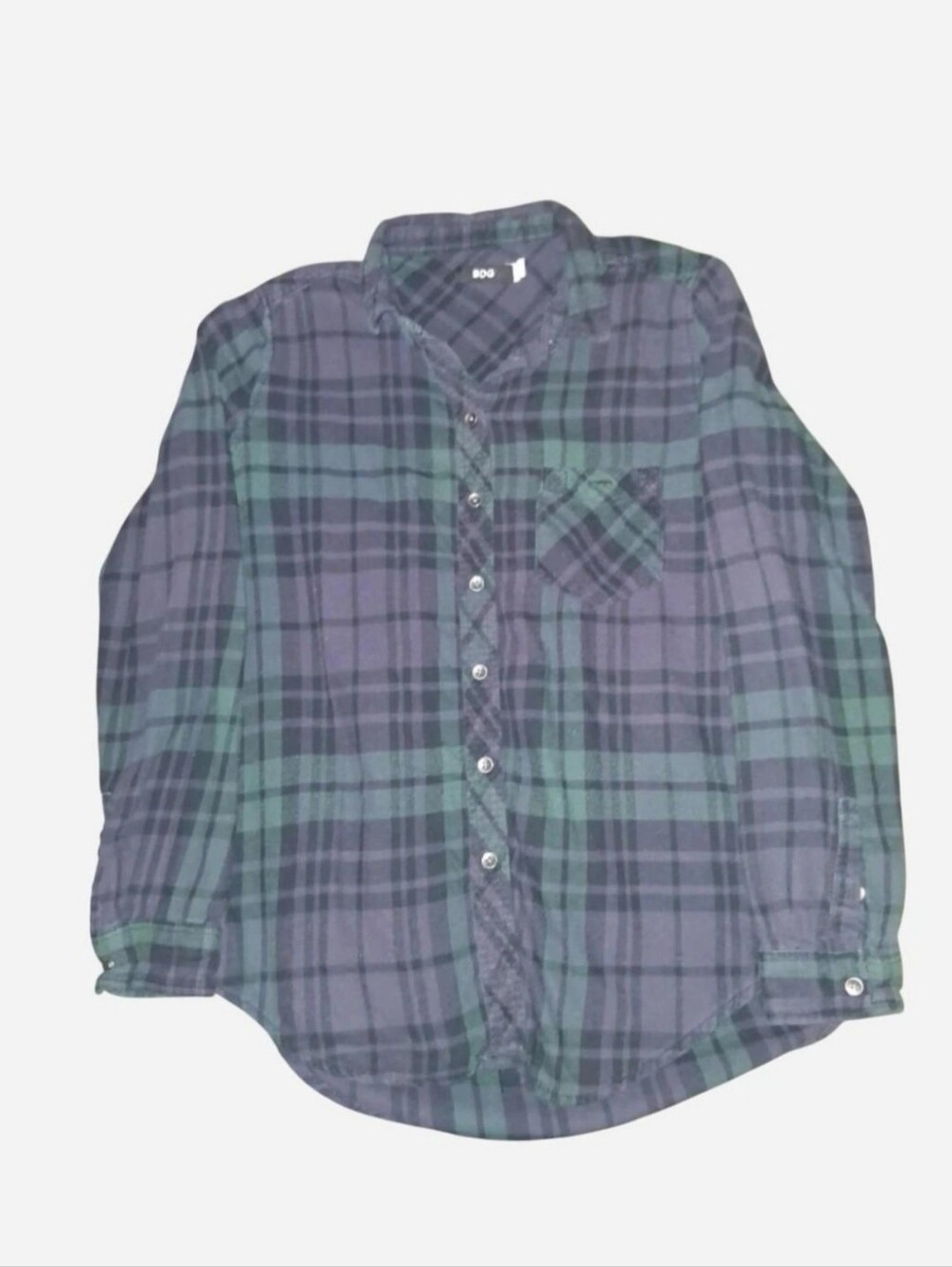 S | BDG green, purple, & black plaid button-up